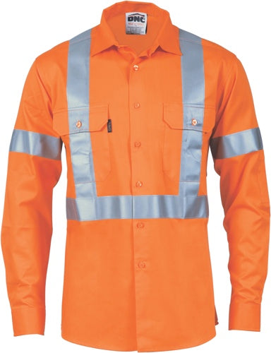 HiVis Cool-Breeze Cotton Shirt with ‘X’ Back & additional 3m r/Tape on Tail - long sleeve