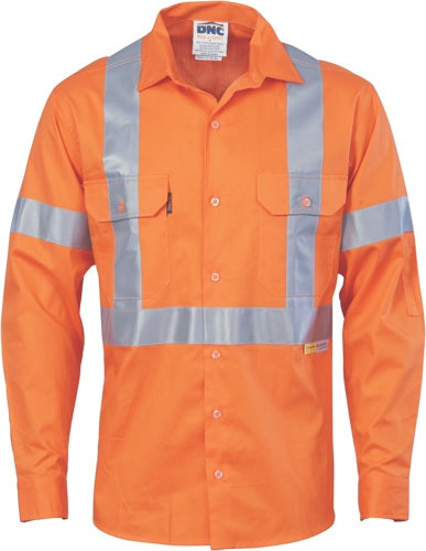 Hivis cool-breeze cotton shirt with double hoop on arms & 'X' back CSR R/tape - long sleeve