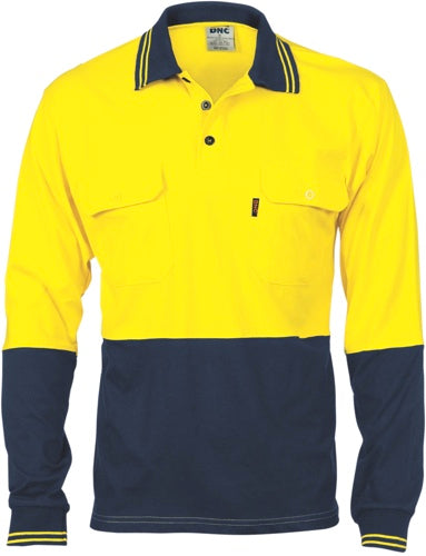 HiVis Cool-Breeze 2 Tone Cotton Jersey Polo
 Shirt with Twin Chest Pocket - L/S