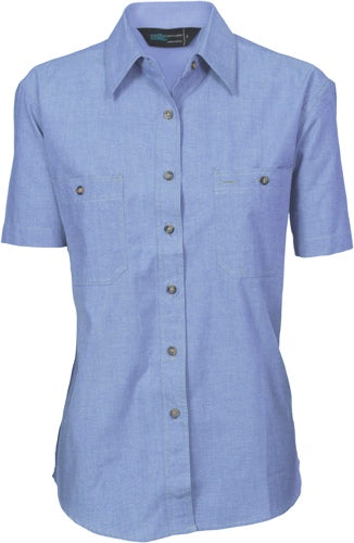 Ladies Cotton Chambray Shirt - Short Sleeve