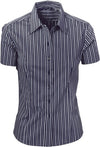 Ladies Stretch Yarn Dyed Contrast Stripe Sh irts -Short Sleeve