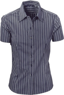  Ladies Stretch Yarn Dyed Contrast Stripe Sh irts -Short Sleeve