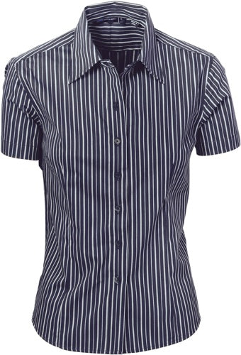 Ladies Stretch Yarn Dyed Contrast Stripe Sh irts -Short Sleeve