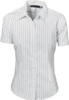 Ladies Stretch Yarn Dyed Contrast Stripe Sh irts -Short Sleeve