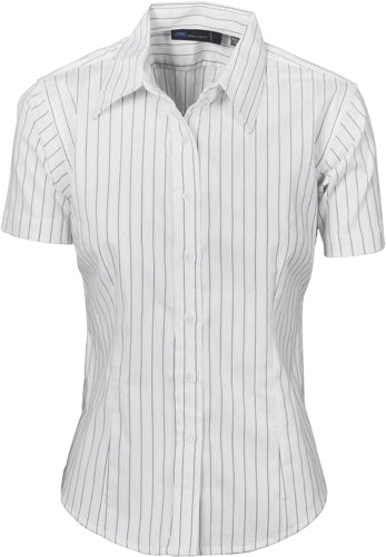 Ladies Stretch Yarn Dyed Contrast Stripe Sh irts -Short Sleeve