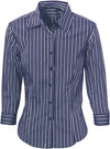 Ladies Stretch Yarn Dyed Contrast Stripe Sh irts - 3/4 Sleeve