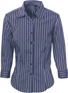  Ladies Stretch Yarn Dyed Contrast Stripe Sh irts - 3/4 Sleeve