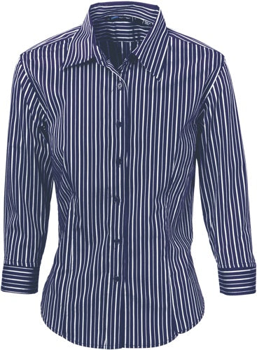 Ladies Stretch Yarn Dyed Contrast Stripe Sh irts - 3/4 Sleeve