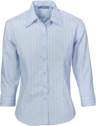 Ladies Stretch Yarn Dyed Contrast Stripe Sh irts - 3/4 Sleeve