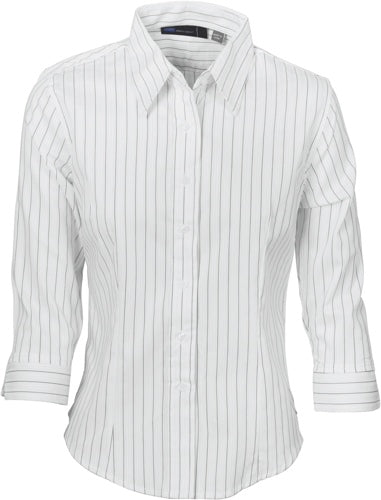 Ladies Stretch Yarn Dyed Contrast Stripe Sh irts - 3/4 Sleeve