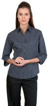 Ladies Stretch Yarn Dyed Contrast Stripe Sh irts - 3/4 Sleeve