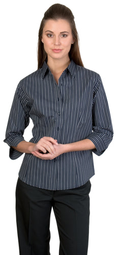 Ladies Stretch Yarn Dyed Contrast Stripe Sh irts - 3/4 Sleeve
