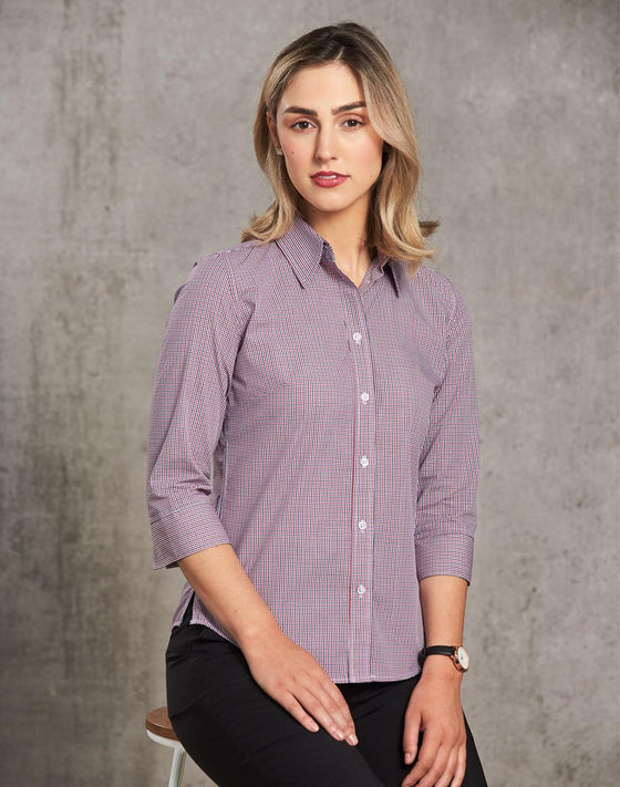 M8340Q Ladies' Two Tone Mini Check 3/4 Sleeve Shirt